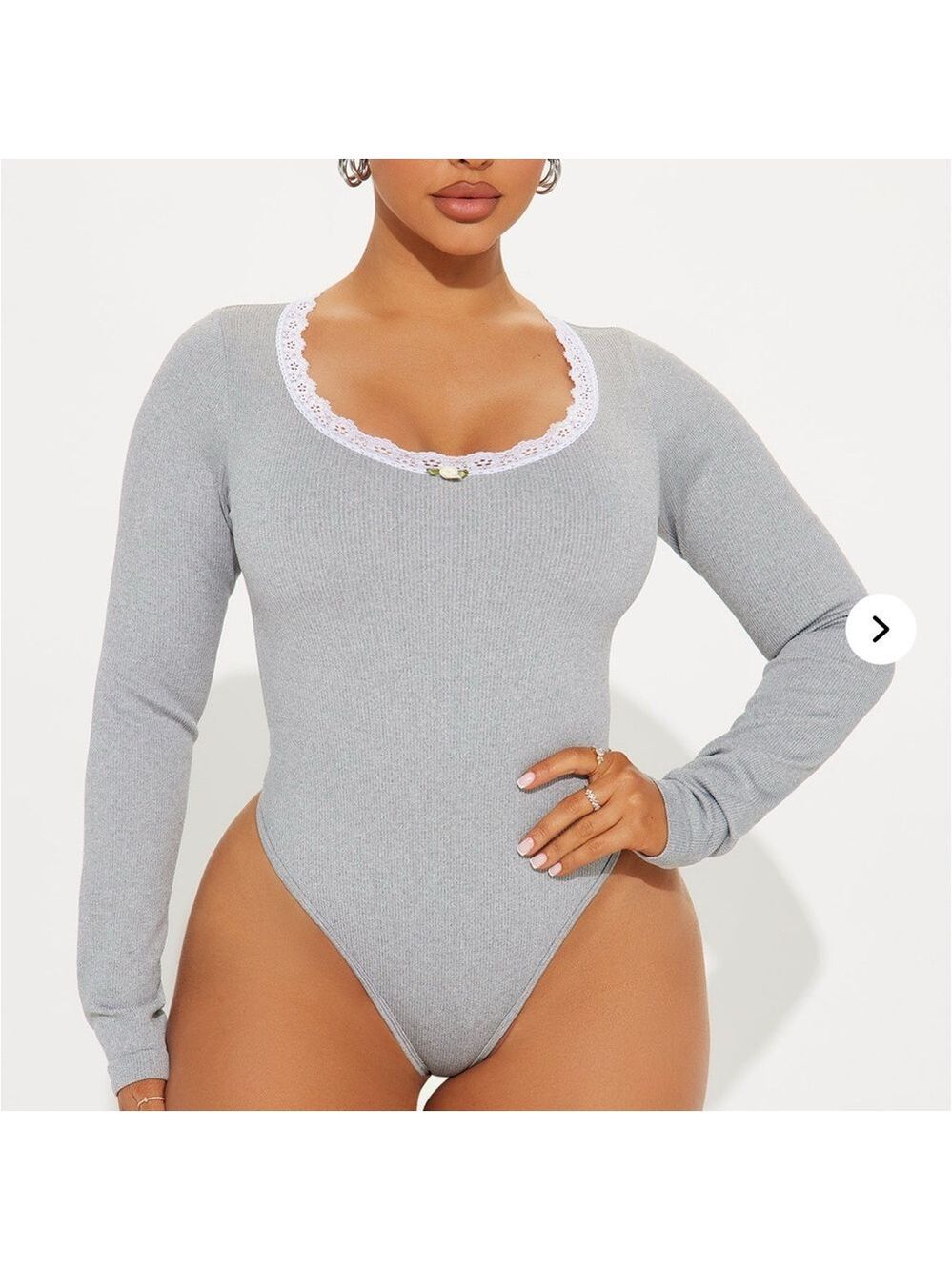 Gray Long Sleeve Bodysuit with Lace Trim